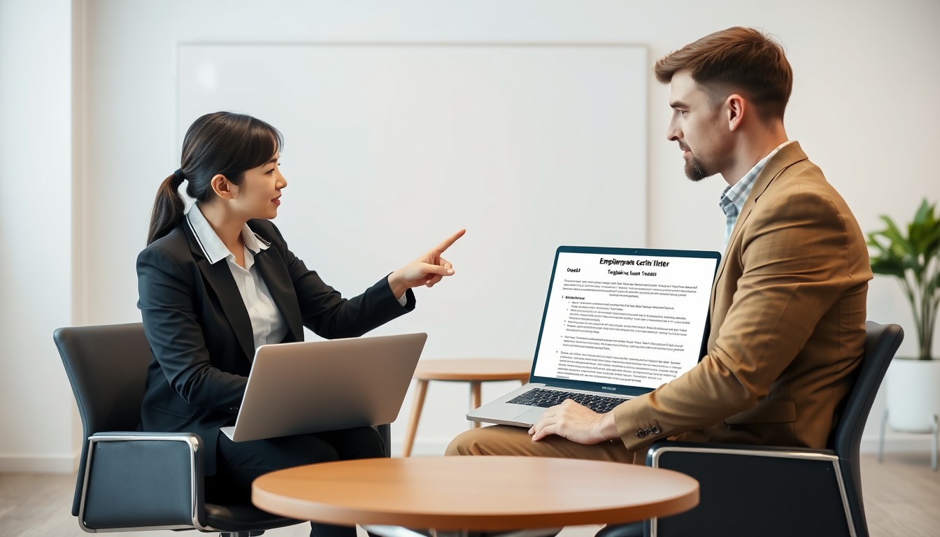 An employment certificate on a laptop displaying a template. A hand with a pen is reviewing the document, symbolising accuracy and professionalism.