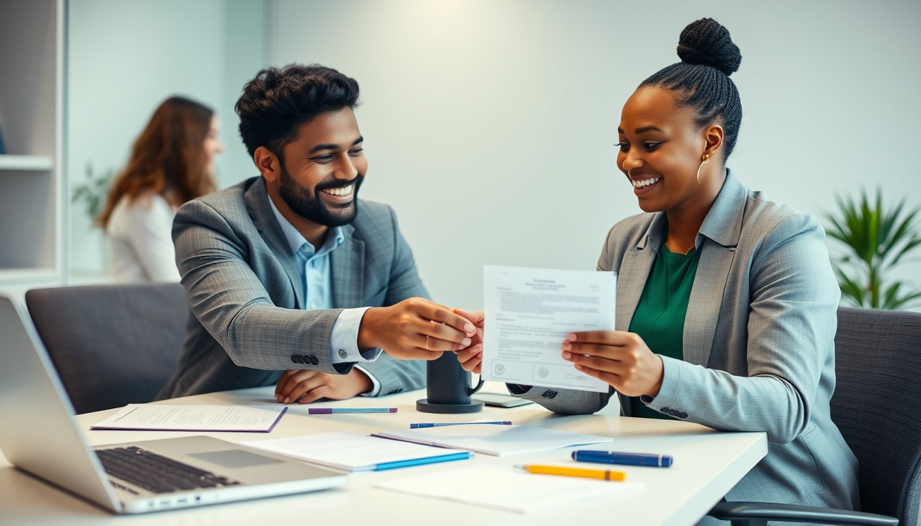 A manager and an employee discussing an employment certificate request in a professional office setting. The laptop displays a certificate request letter template, highlighting a supportive and efficient process.