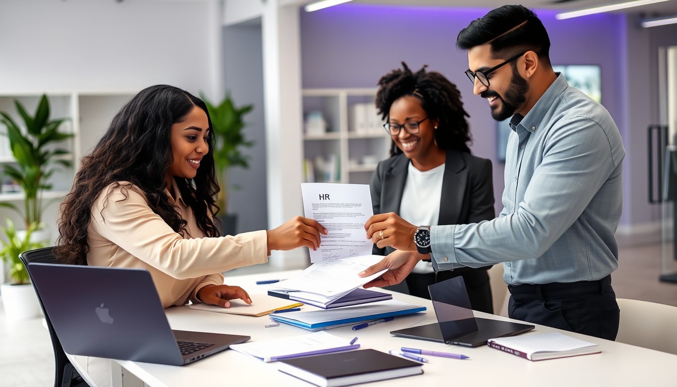 An HR manager handing a signed employment certificate to an employee in a professional office setting. The image reflects a collaborative and inclusive environment with diverse professionals.