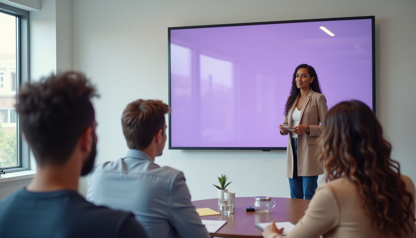 A presenter explaining LLP structures with a digital touchscreen presentation to a diverse audience in a modern office.