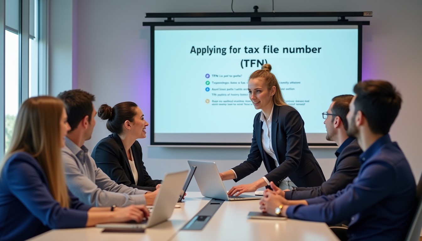 A diverse group of professionals in a modern office discussing how to apply for a tax file number (TFN). A woman demonstrates an online TFN application on a laptop.