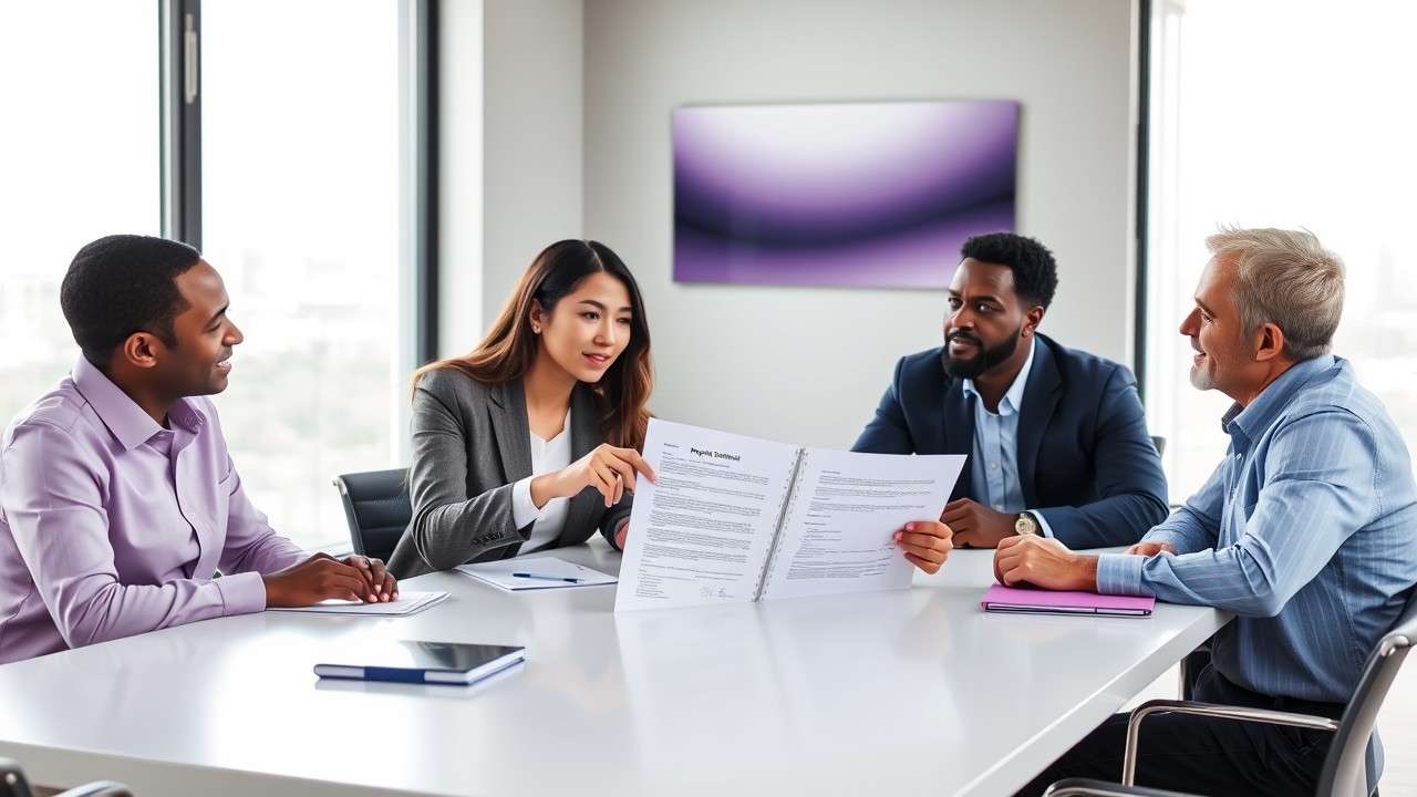 A diverse couple discusses bidding strategy with a professional advisor before a property auction. This reflects the importance of preparation since auctions do not have a cooling-off period.