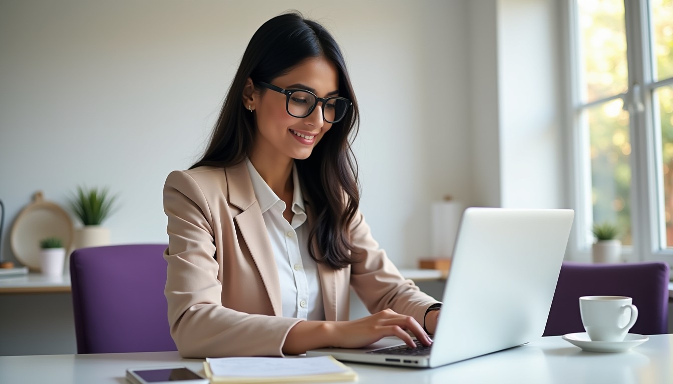An Indian woman registering her business name online through ASIC Connect in a tidy home-office, preparing to launch her business.