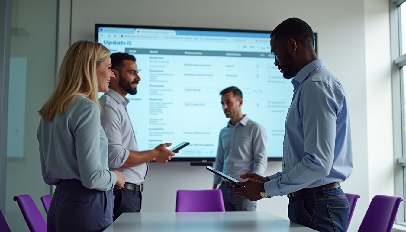 Three business owners managing an update to their registered business name using a digital interface in a modern and collaborative office setting.