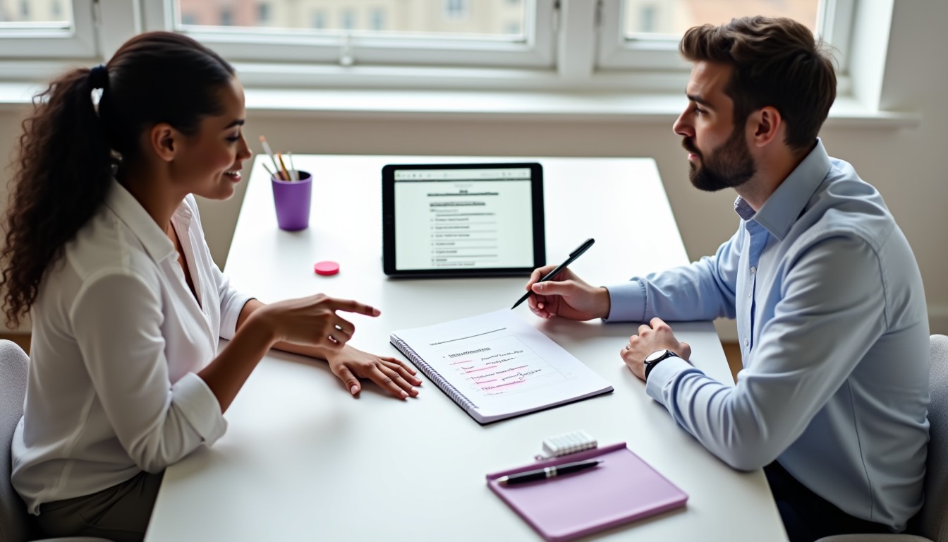 Two colleagues reviewing and shortlisting business name ideas at a clean desk, discussing what makes a strong and memorable name.