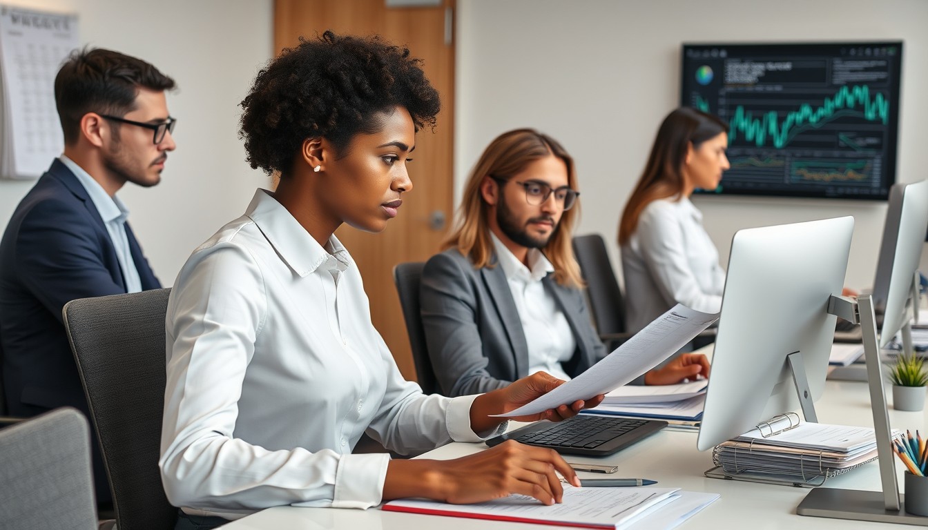 A professional person from a diverse group, including individuals of different ethnicities, working alone at a modern desk. The individual is reviewing financial documents, surrounded by neatly arranged files and office supplies, with a subtle focus on financial planning.