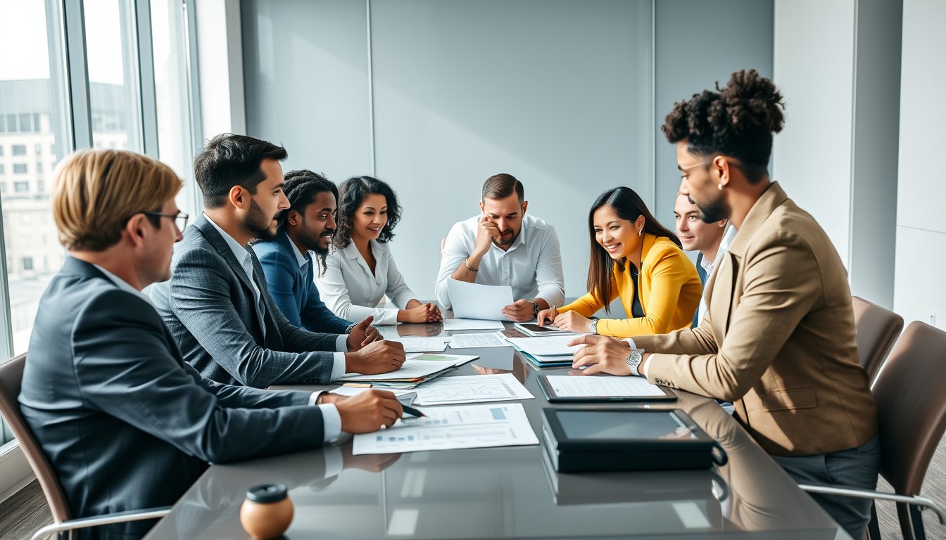 A diverse group of professionals, including men and women of different ethnic backgrounds, collaborating around a modern conference table. Documents, laptops, and charts are laid out as they discuss financial strategies in a bright, contemporary office.