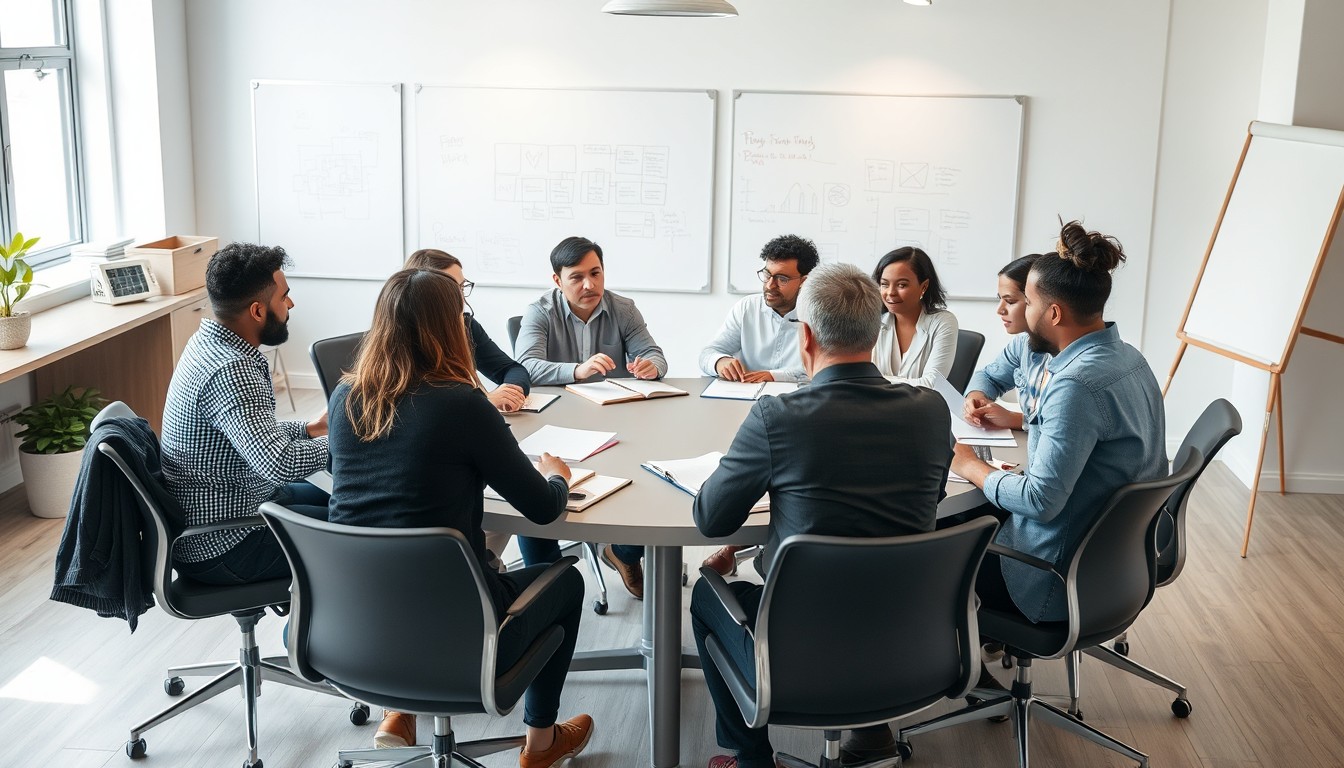 A diverse group of professionals, men and women from different ethnic backgrounds, engaged in a brainstorming session at a modern office table. They are discussing strategies, using papers and whiteboards, with a light-filled, collaborative workspace.