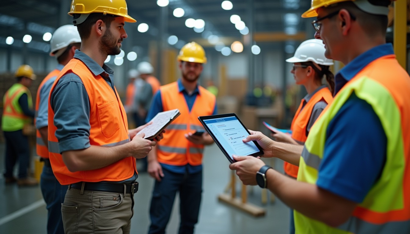 A labour hire worker on a construction site receives instructions from a host employer using a digital tablet, highlighting workplace integration and job clarity.