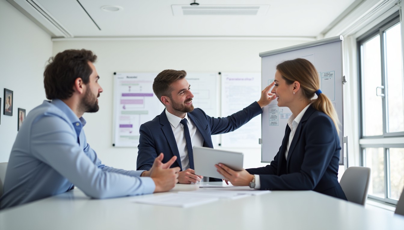 A labour hire company representative, a host employer, and a worker discussing employment details in a modern office setting, representing collaboration in labour hire.