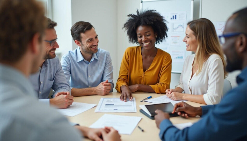 A diverse group in an office discusses a separation certificate as a Black woman points to a printed copy on the table artwork