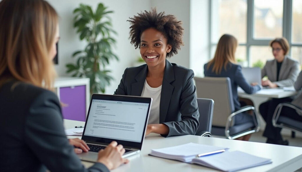 A woman of colour in business attire types an email at her desk, requesting a separation certificate, with documents and a pen neatly arranged nearby artwork