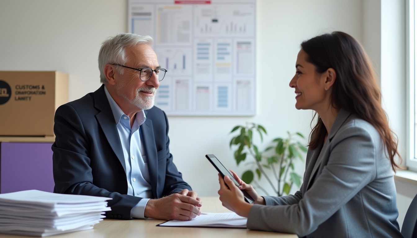 A licensed customs broker advises an importer on customs formalities and import tax compliance, reviewing an import declaration on a tablet in a professional office.