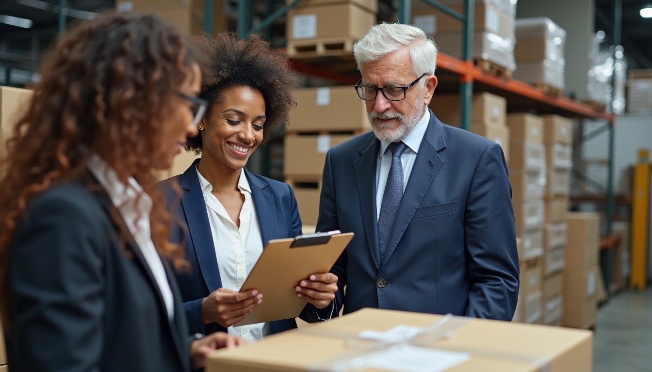An importer and a customs broker review imported goods in a warehouse, discussing customs duty, GST, and tariff classifications for tax compliance.