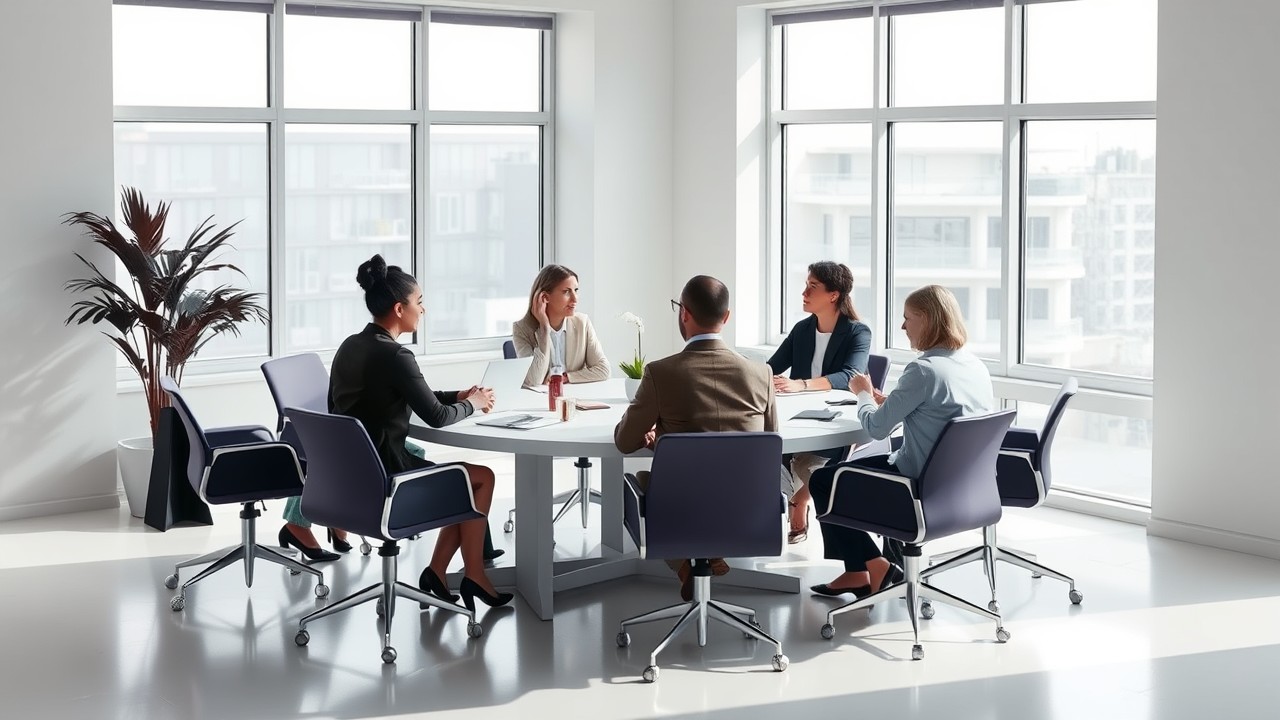 A diverse team of professionals in a modern office sit around a round table, discussing a winding-up process displayed on a digital screen. The environment is clean and minimalist, with soft purple accents and a clear, structured layout to convey business closure planning.