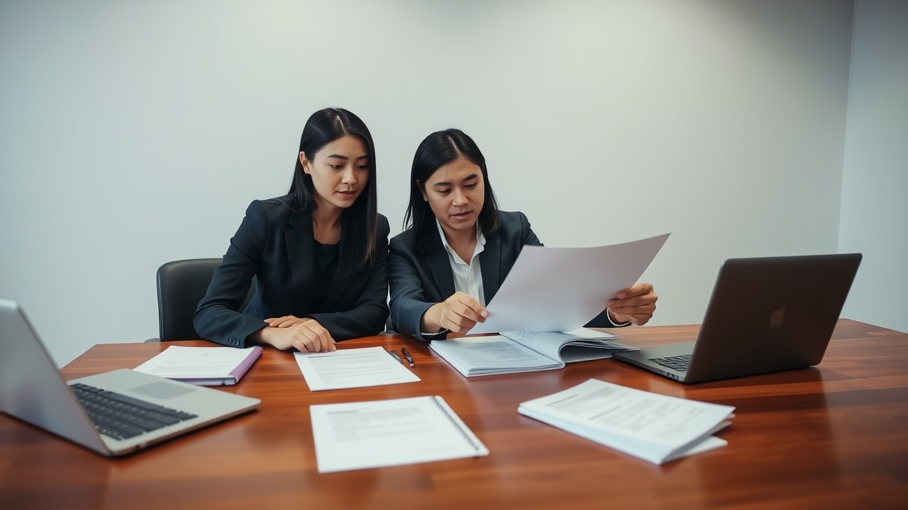 In a bright, modern conference room, a white woman leads a final presentation on business wind-up resolutions, with a diverse group of professionals reviewing documents. The setting conveys closure, professionalism, and legal finality.