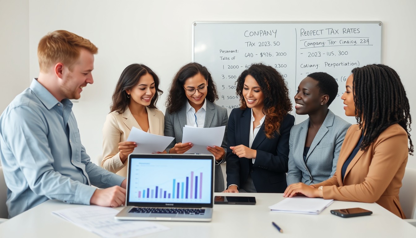 Diverse professionals in a modern office discussing company tax rates for 2023–24, with tax-related graphs on a laptop screen.