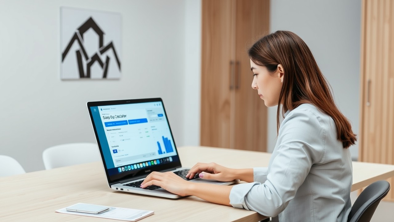 A young professional using a stamp duty calculator VIC on a laptop in a modern office. The individual, representing diverse ethnicity, is calculating property costs while seated at an organised desk. The setting is minimalist with soft purple tones to align with a clean, professional atmosphere.