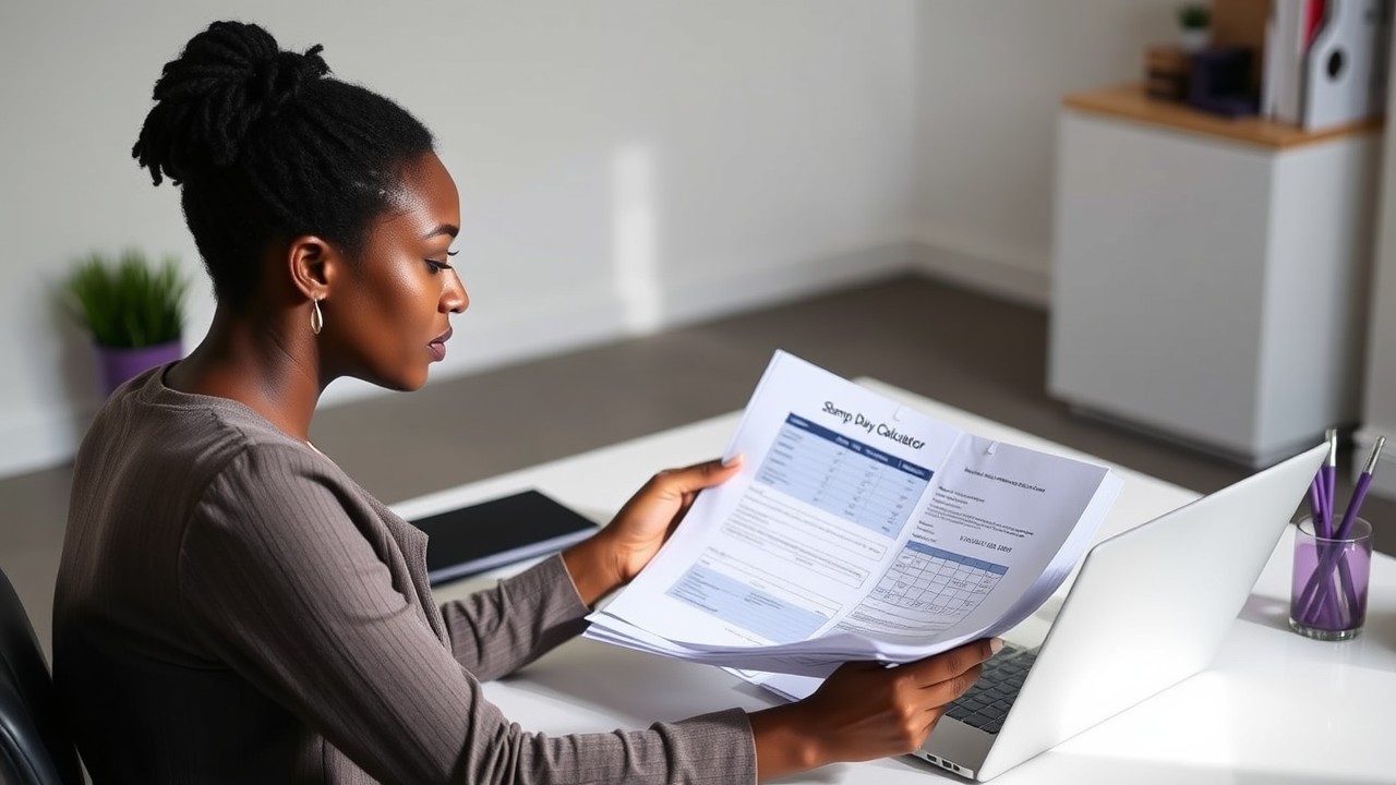 A professional woman reviewing stamp duty costs and property documents on a laptop. The individual is focused and engaged in using a stamp duty calculator VIC in a minimalist office, with clean lines and soft purple accents in the decor.