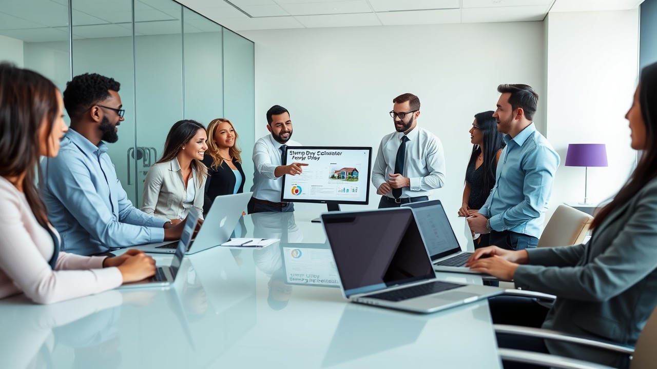 A diverse group of professionals engaged in collaborative property planning and stamp duty calculations in a modern office. The scene shows individuals working together to calculate costs with a stamp duty calculator VIC, discussing property-related documents in a clean, minimalist setting.