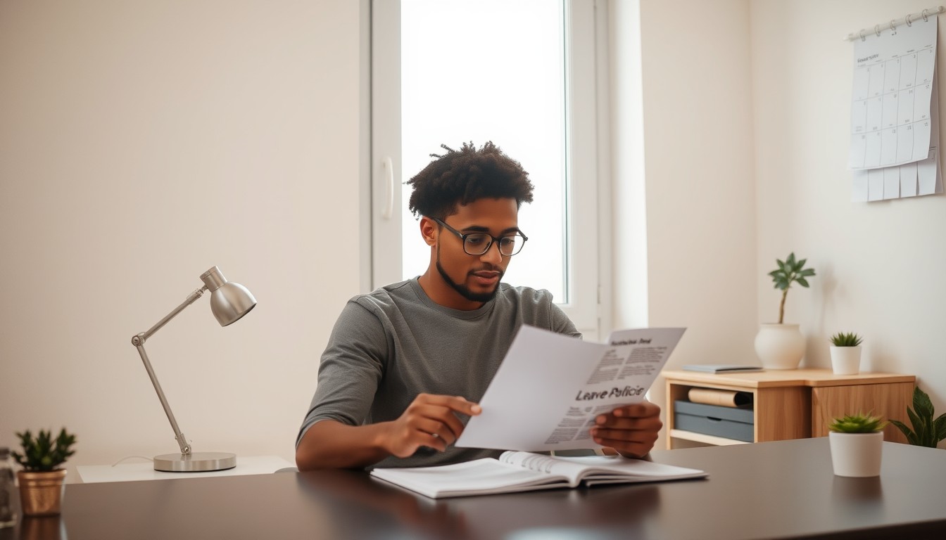 A diverse employer—man or woman—from an ethnically diverse background, attentively reviewing workplace documents at a modern office table. The background shows casual workers engaged in tasks, set in a clean and professional office environment.