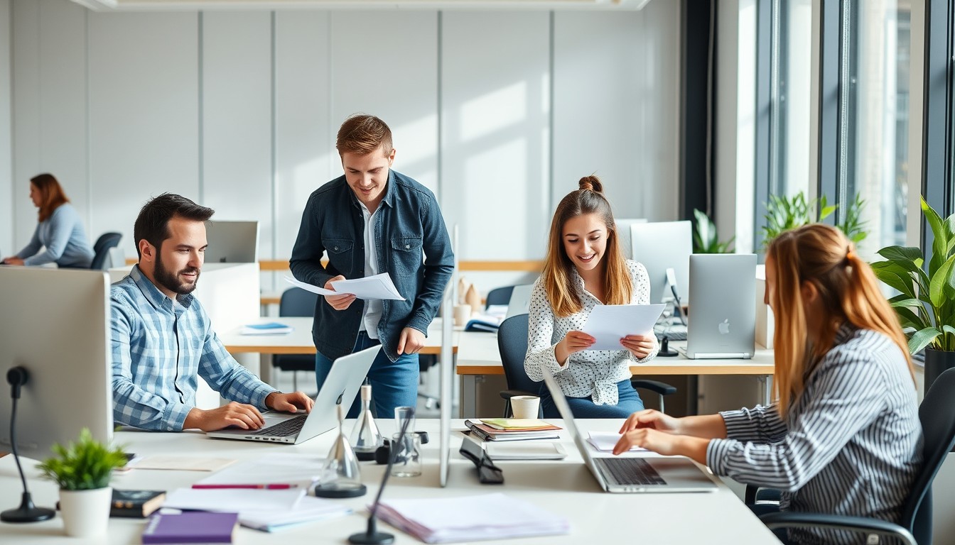 A group of diverse professionals—2 men and 2 women—from various ethnic backgrounds collaborating at desks in a modern office setting. People are engaged in discussion, working on laptops, and sharing documents, creating a collaborative work environment.