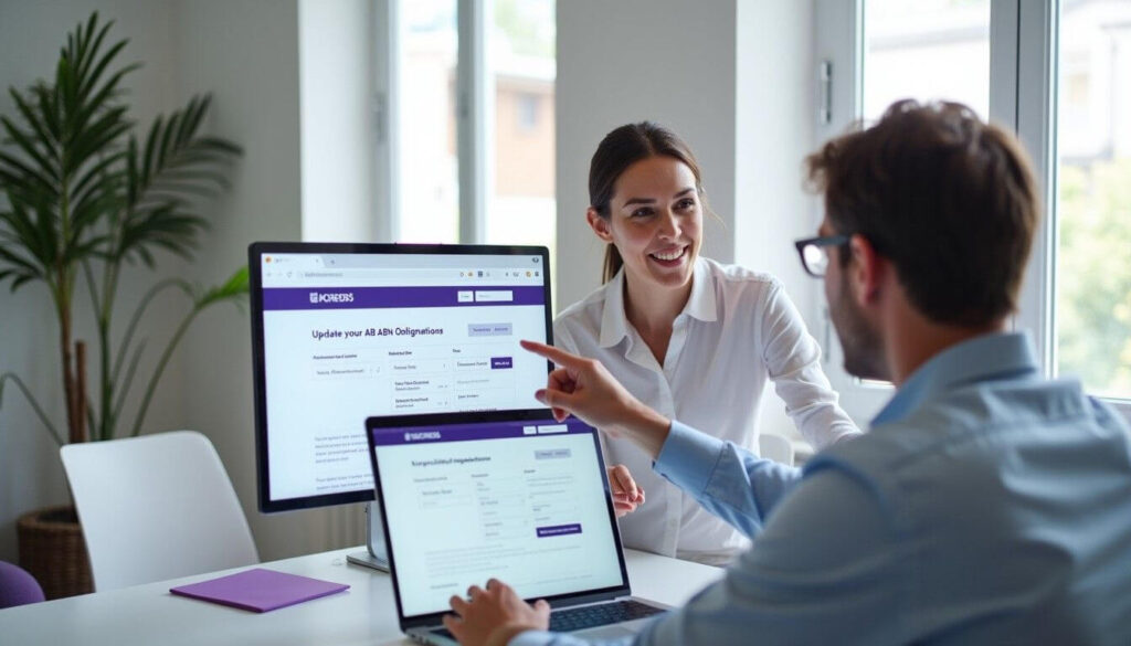 A business consultant assisting a small business owner with updating their ABN details on a laptop in a modern office, discussing tax and compliance requirements artwork