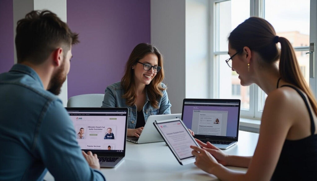 Business owners apply for an ABN online using laptops and tablets in a modern office. A video call with an ABR representative is on one screen artwork