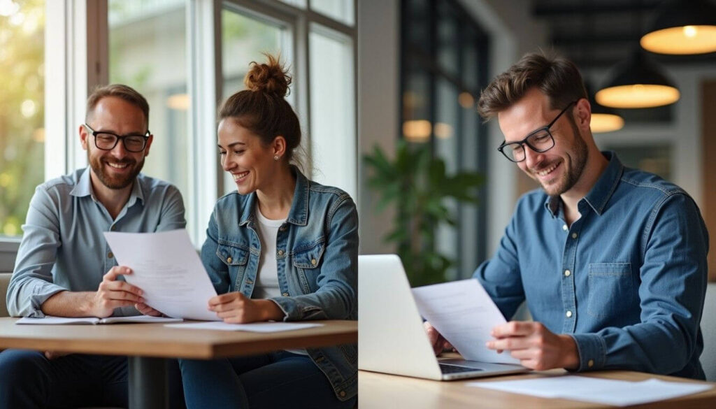 A freelancer and a business owner discuss ABN registration in a co-working space, while an employee receives a payslip in an office artwork