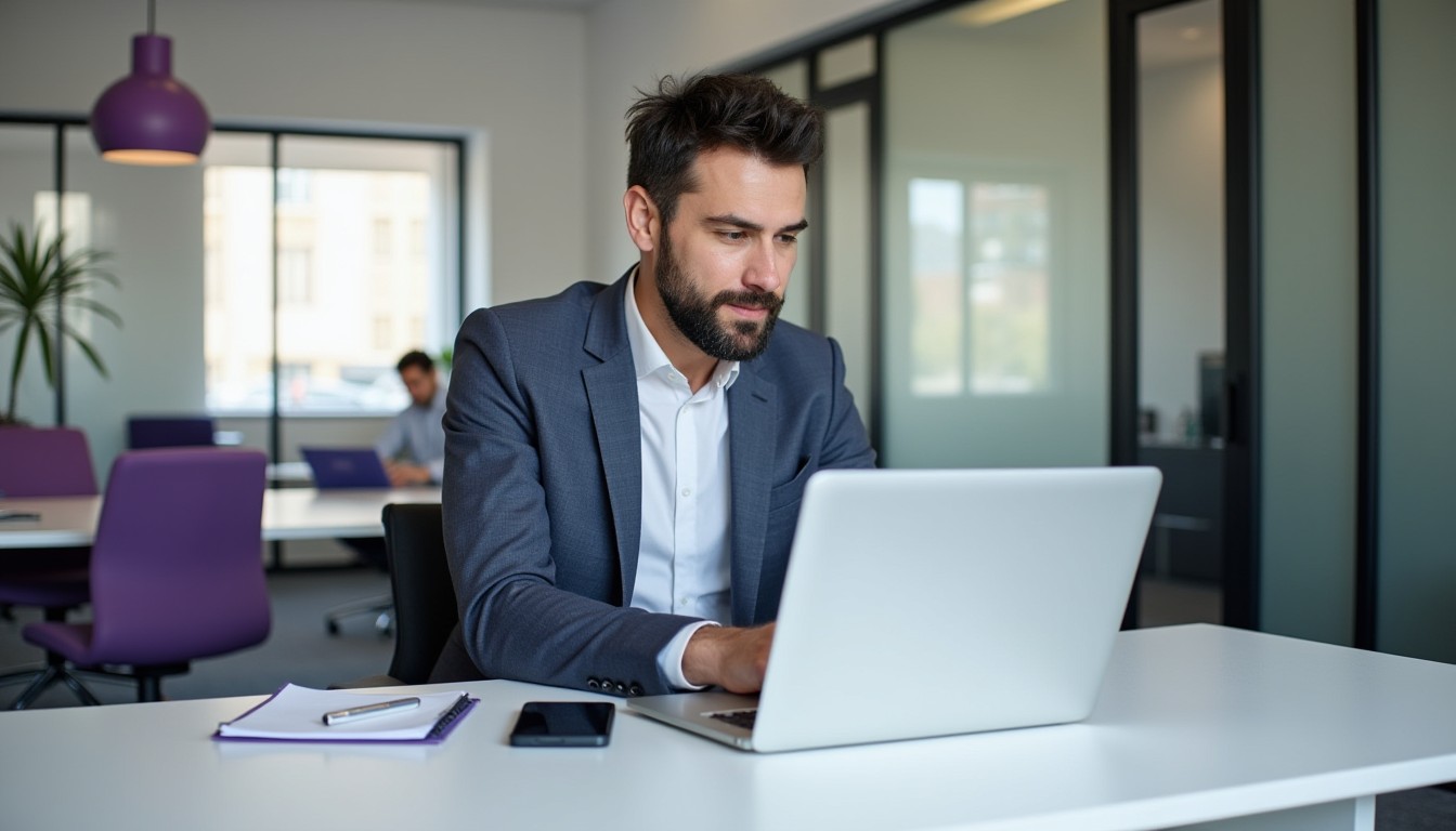 A business owner updating his ABN details on a laptop in a modern, well-lit office. A notepad and smartphone are placed neatly on the desk, symbolizing an organized and efficient workflow.