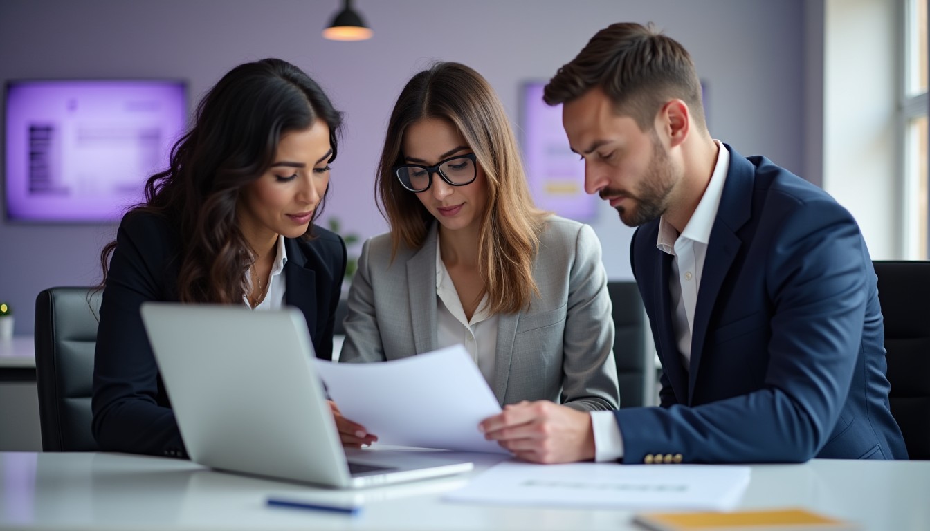 A diverse team of business professionals verifying an ABN using a laptop in a modern office setting. Three colleagues are reviewing printed documents, ensuring compliance and legitimacy.