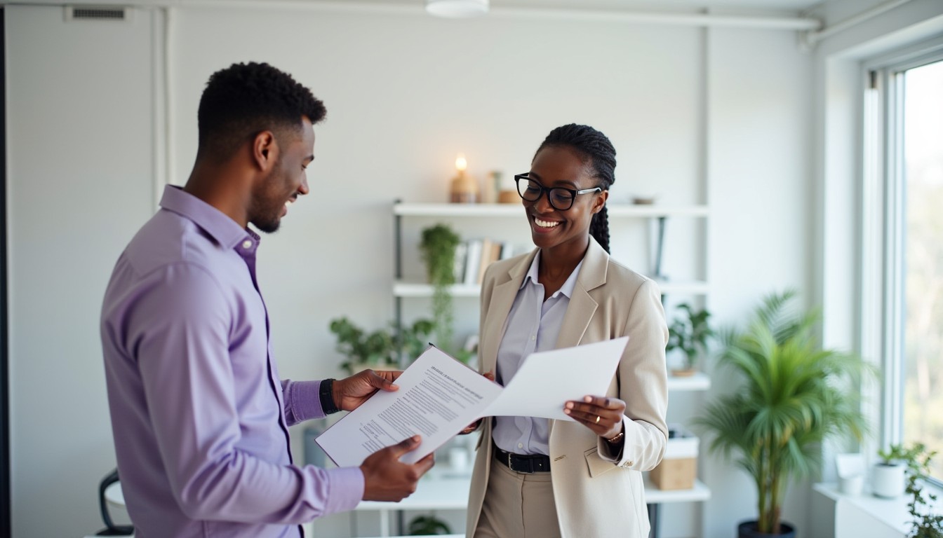 A woman of color reviewing a contract and verifying a supplier’s ABN using a tablet in a modern workspace. The supplier presents documents, emphasizing the importance of due diligence in business transactions.