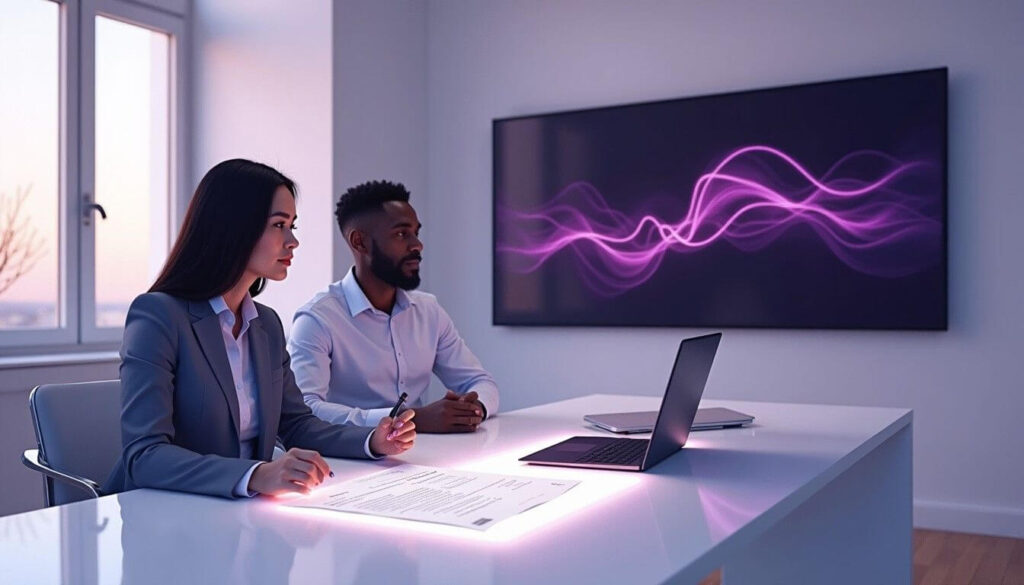 Two professionals reviewing a sunset clause in a property contract with a project timeline in the background artwork