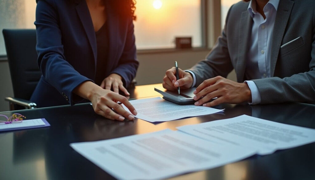 A legal consultant and client discussing a sunset clause before signing a property contract artwork