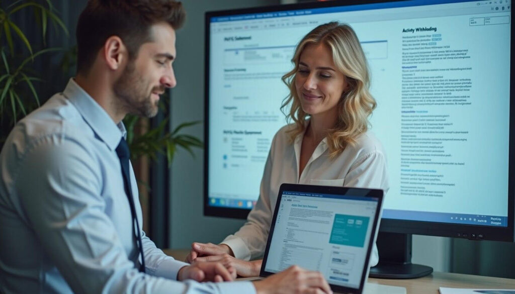 Two professionals in a modern office reviewing a PAYG activity statement on a large screen, showcasing teamwork and efficiency artwork