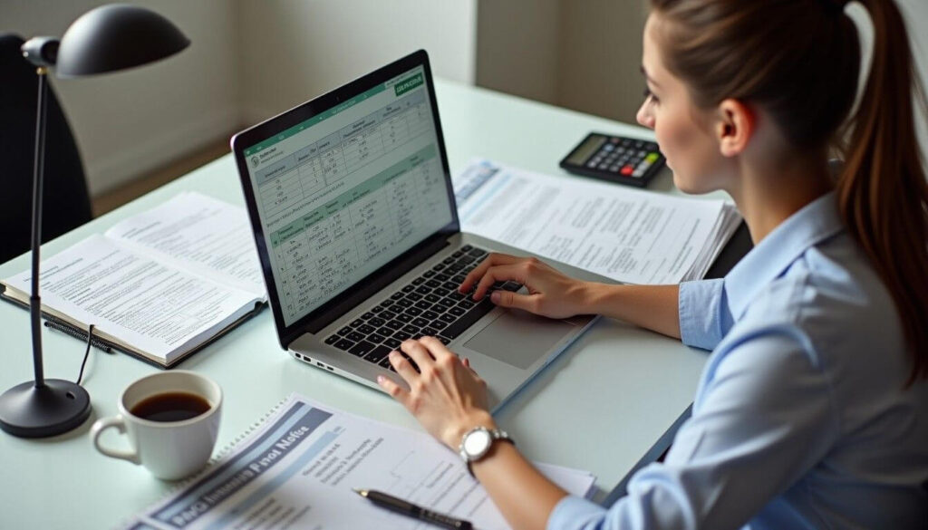 A professional working on PAYG instalments at a clean desk, with tax tables and a calculator artwork