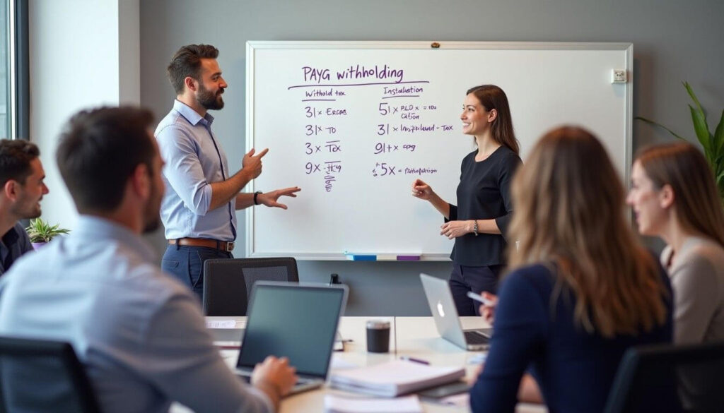A diverse team in a modern office discussing PAYG withholding, with a whiteboard showing simplified tax concepts artwork