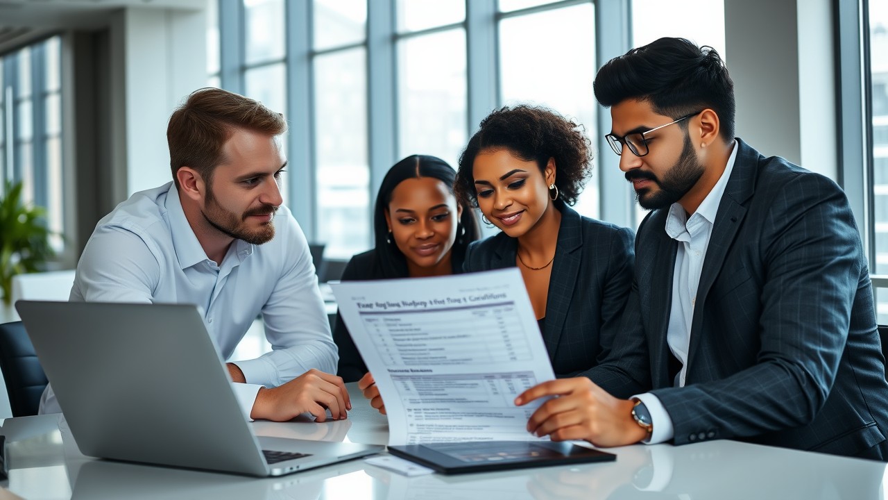 A diverse group of professionals (one white male, one Black female, one South Asian male) collaborating over a document about NSW award wages, in a modern office setting.