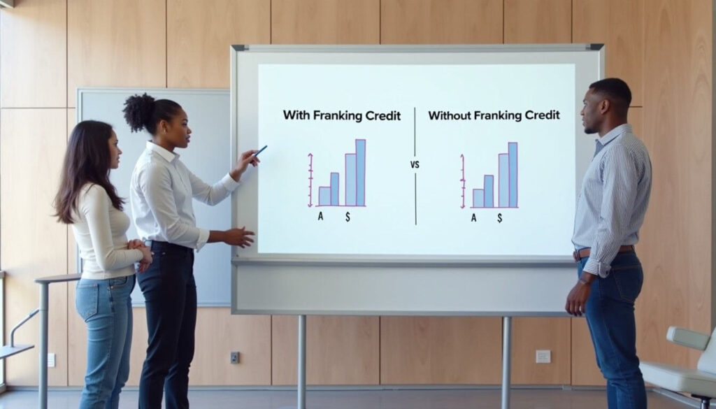 Three professionals comparing franked and unfranked dividends on a whiteboard artwork