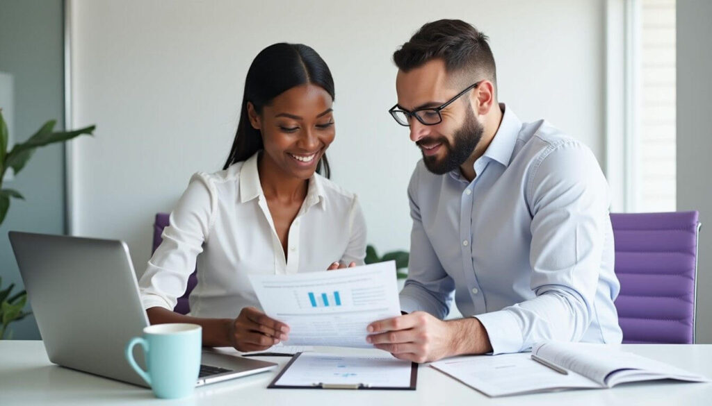 Two professionals reviewing franking dividend details on a laptop in a modern office artwork