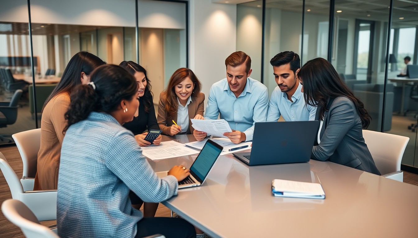 A diverse group of professionals, including men and women of different ethnicities, collaborating in an office setting while reviewing financial documents and using tax calculators. This image represents the key steps sole traders take to understand and manage their tax obligations.
