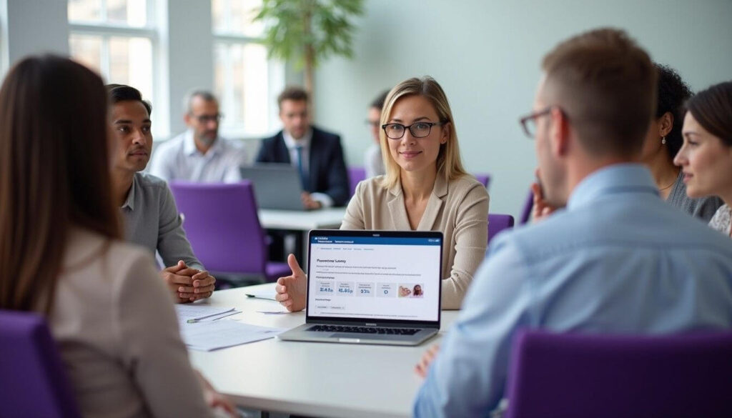 A diverse team listens to an HR rep discuss parental leave pay artwork