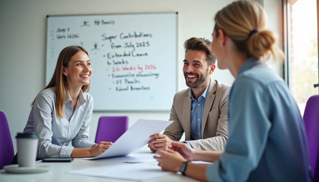 A new parent reviews leave updates with a manager artwork