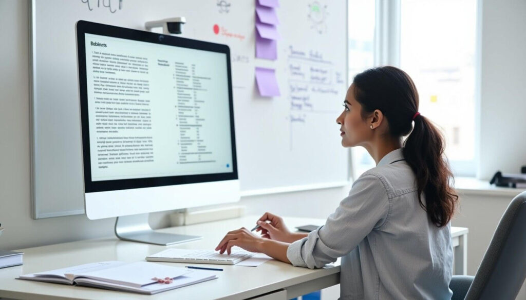  A woman reviews unit trust documents and income details on a digital platform artwork