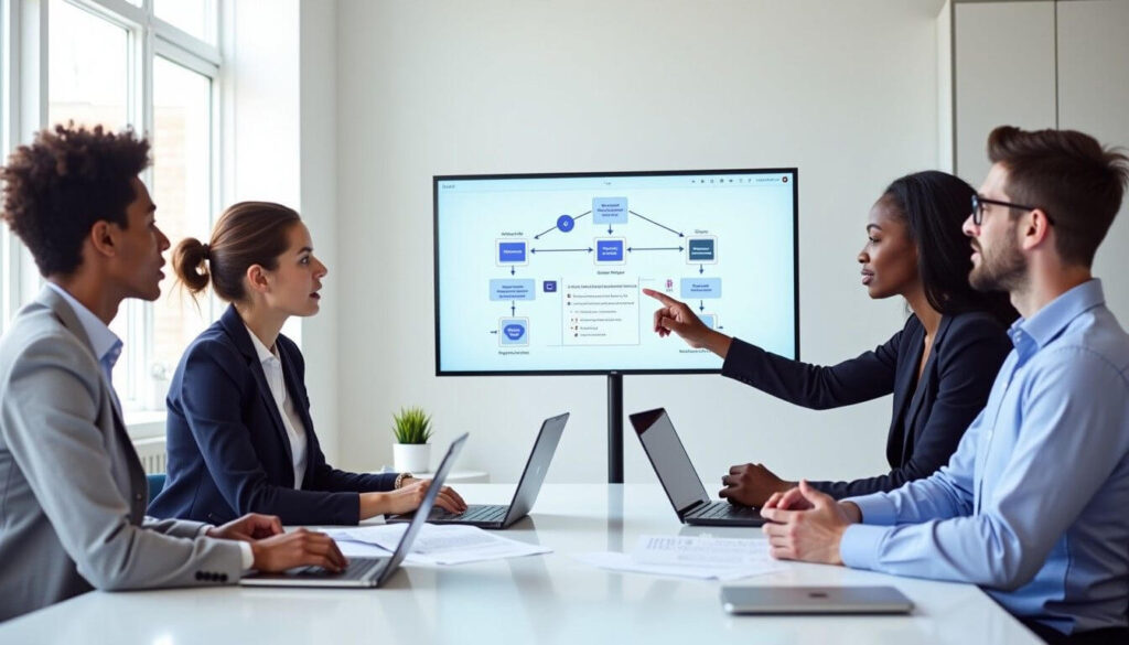 Four professionals reviewing a unit trust deed and structure charts in a modern office artwork