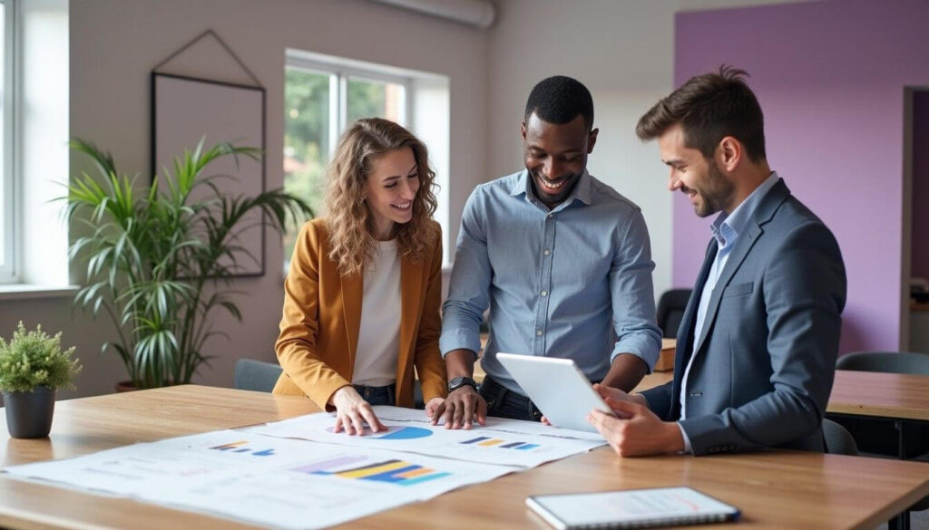 Three investors discuss a property investment plan and unit trust structure artwork