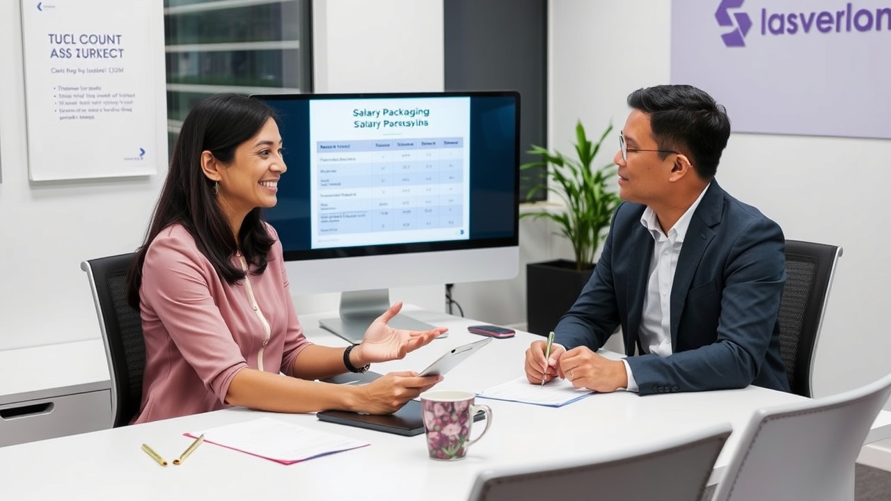 A diverse team of professionals in a modern office discussing fringe benefits tax, with charts and laptops open during a review session.