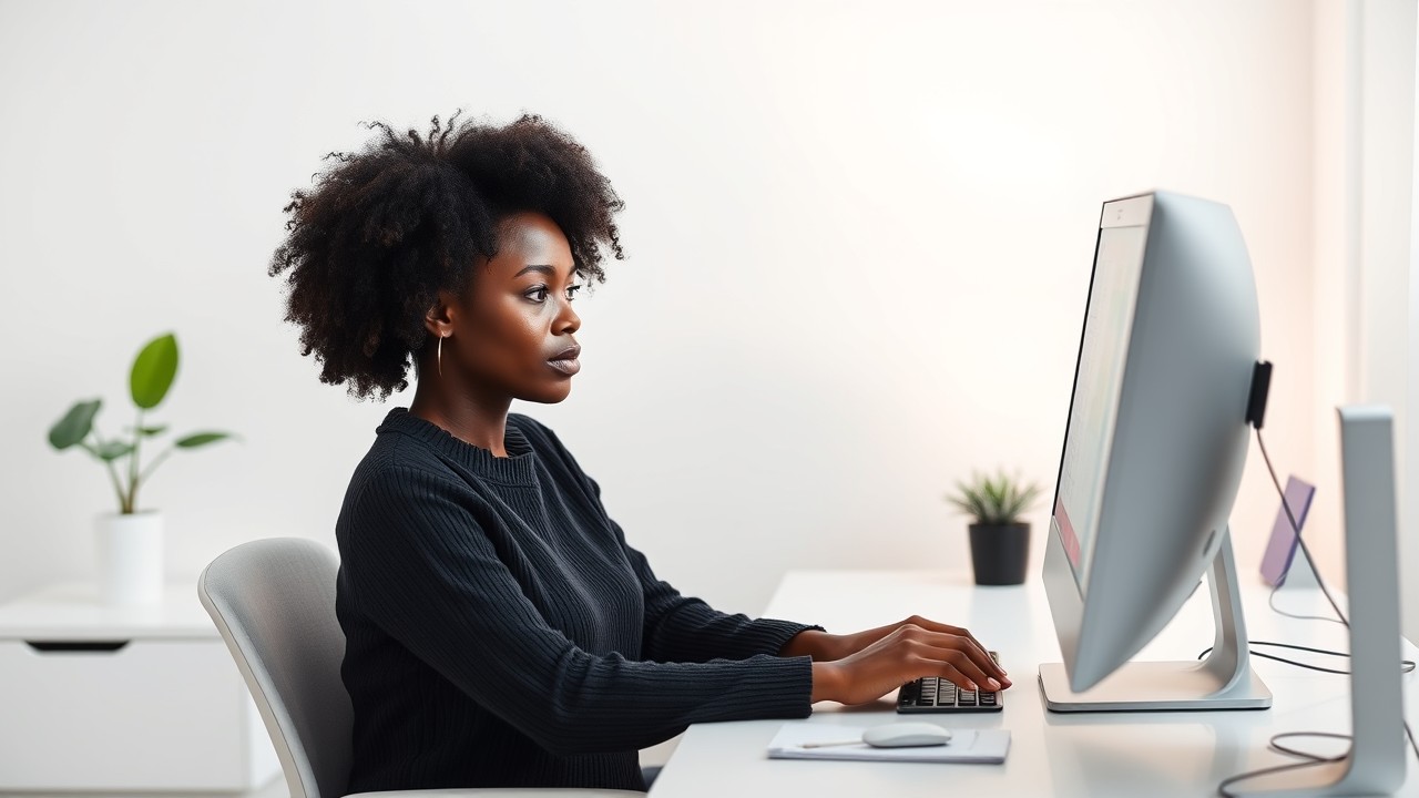 A professional woman of African descent works on fringe benefits tax compliance using an automated software tool in a clean, modern home office.