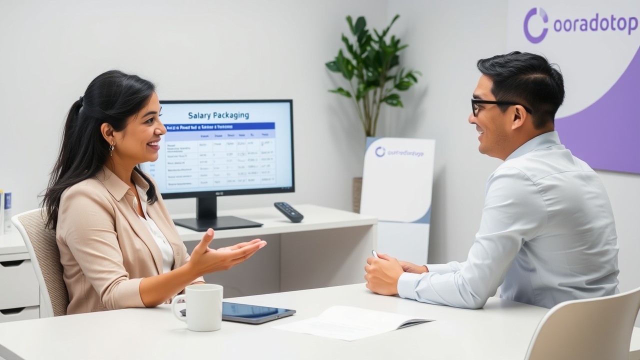 A South Asian HR advisor explains salary packaging options to an East Asian employee during a one-on-one meeting in a tidy, modern office.