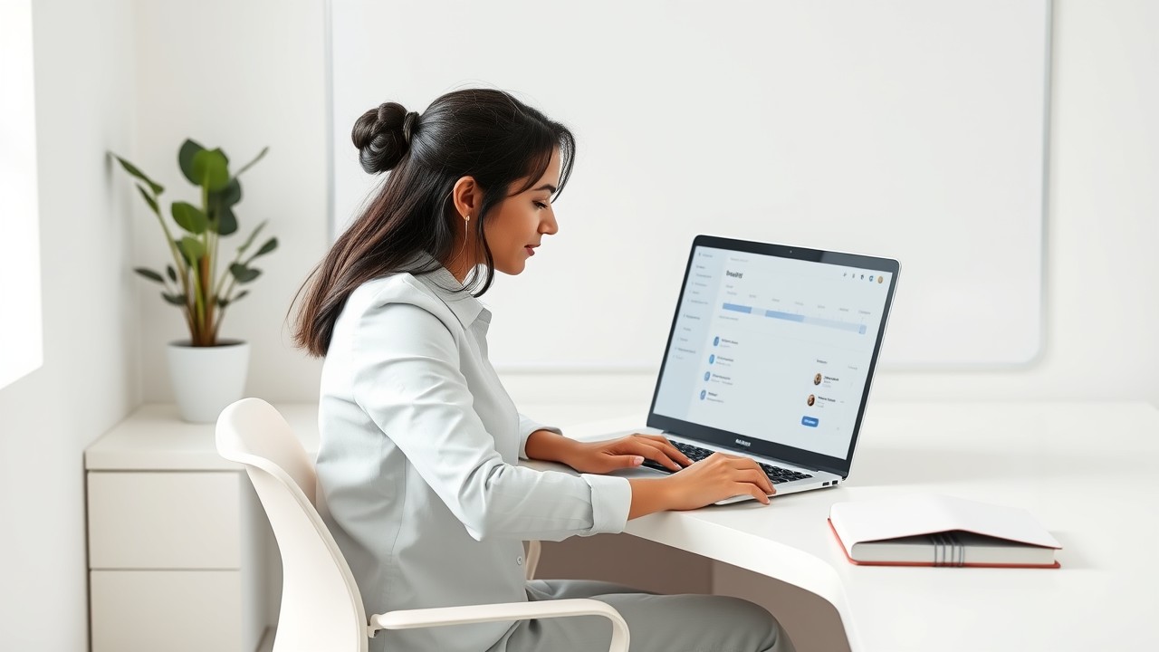 A South Asian woman works intently at a clean, minimalist desk with a laptop displaying project timelines. This image represents focused individual work and supports the blog’s discussion of automated clarity in task management.